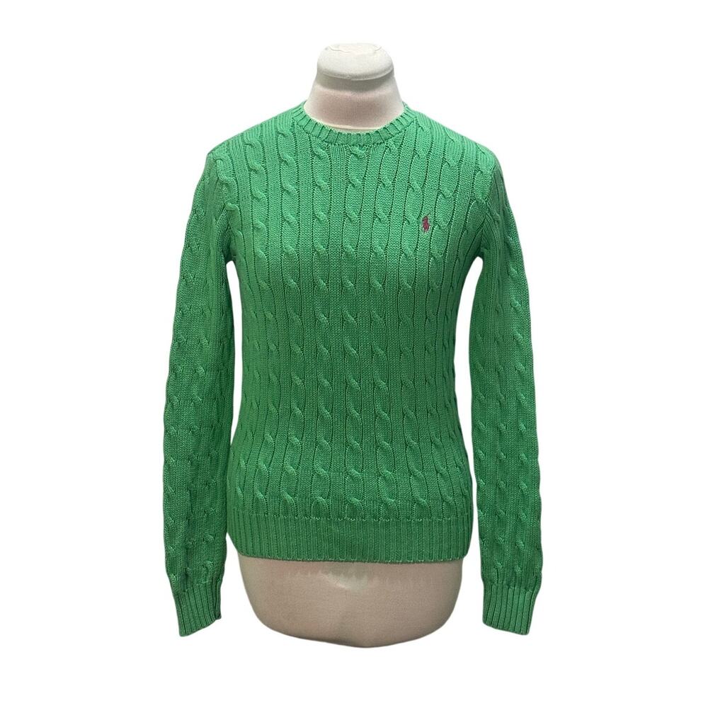 RALPH LAUREN Dark Spearmint Magenta Pony Cable Knit Sweater XS Cotton Preppy